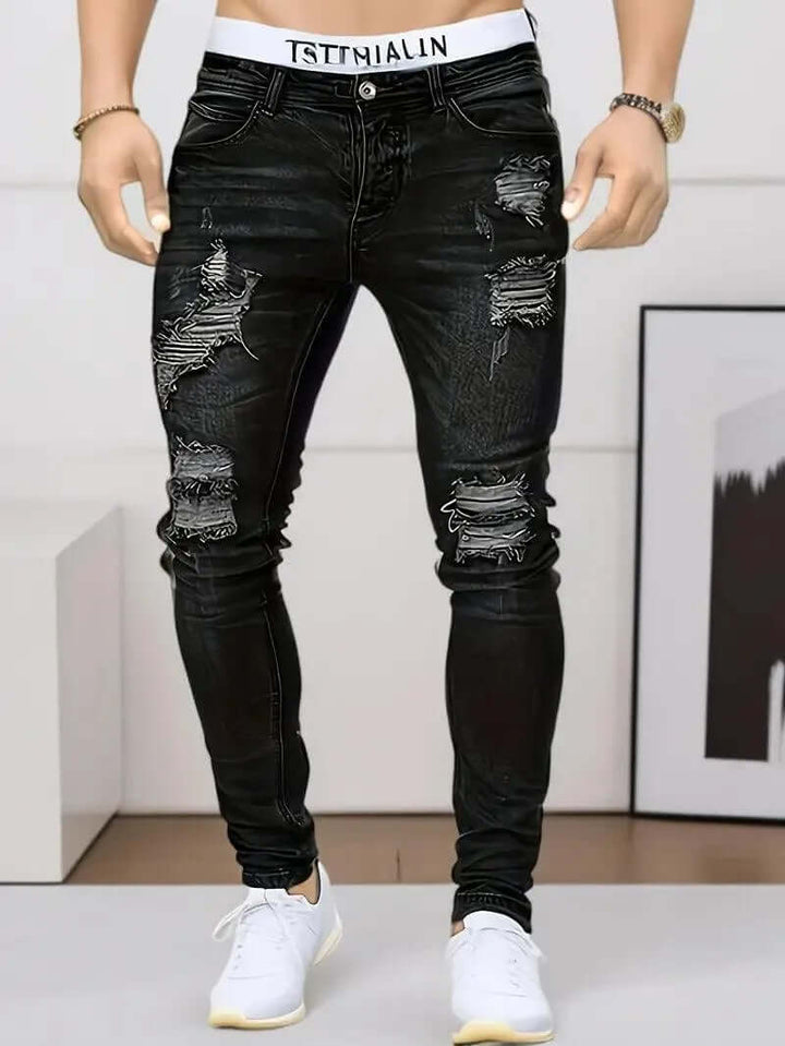 Men's Slim Fit Stretch Ripped Jeans, view 2 - Elena Harper