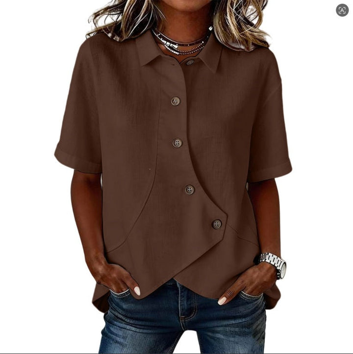 Women's Solid Color Shirt with Asymmetrical Buttoning and Short Sleeves