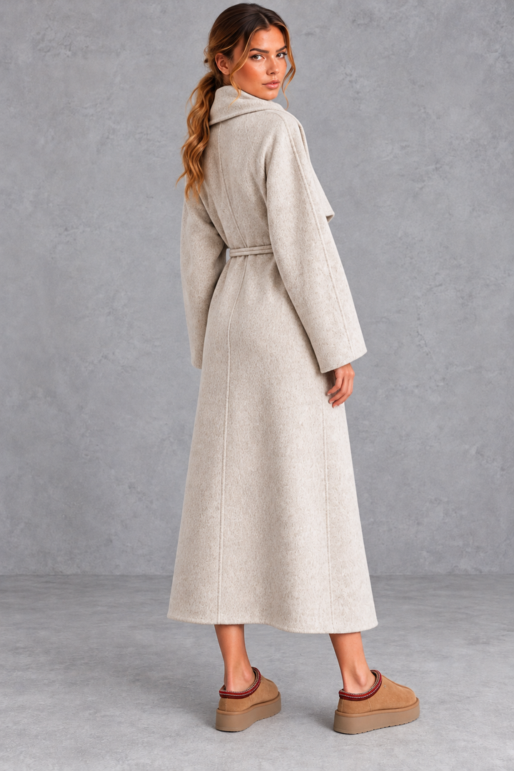 Women's Belted Wrap Coat – Statement Collar & Elegant Midi-Length Design