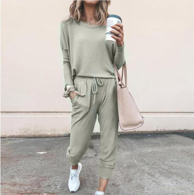 Casual Two-Piece Set for Women with Long Sleeves – Pullover Top and Drawstring Pants