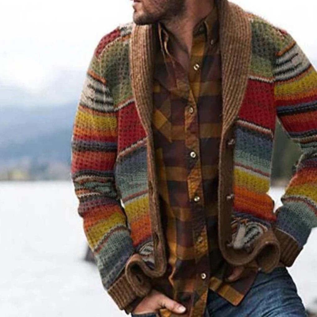 Men’s Striped Cardigan Relaxed Knit with Colorful Flair, view 2 - Elena Harper