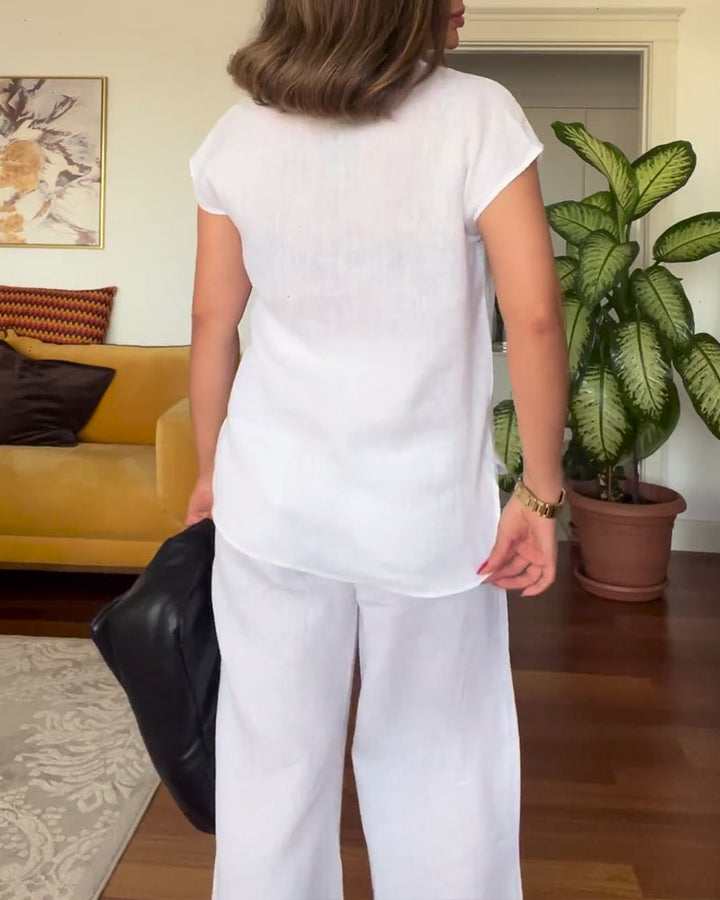Amani Two-Piece: Short-Sleeved Collared Top with Pants, view 6 - Elena Harper