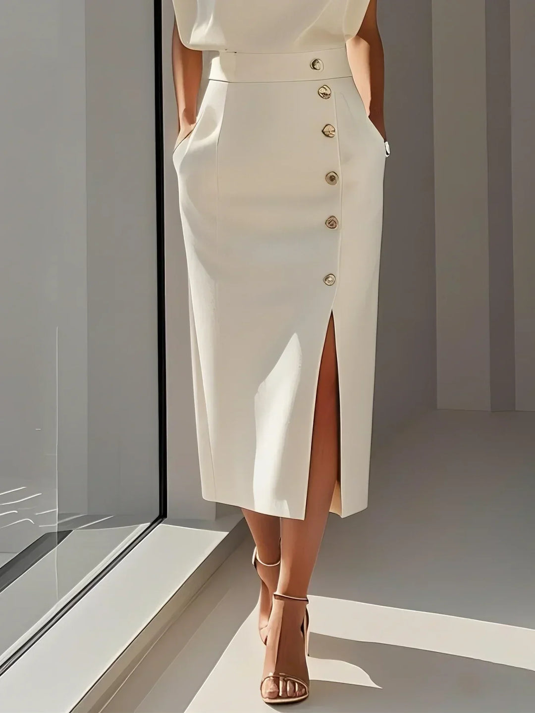 Emma | Ladies Button Detail Sleeveless Midi Dress
