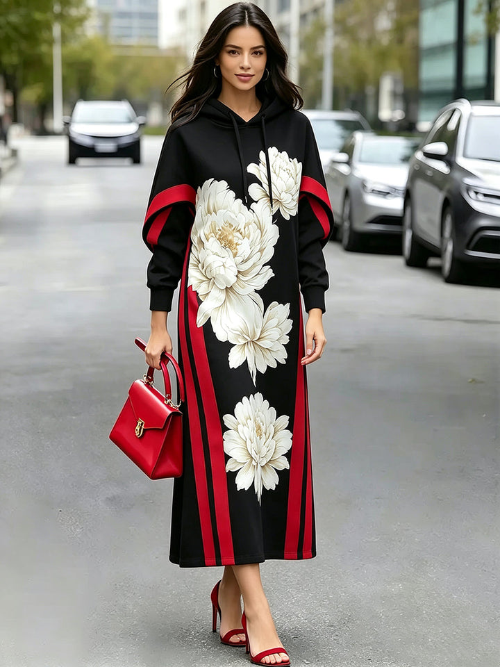 Women's Long Hooded Floral Print Dress