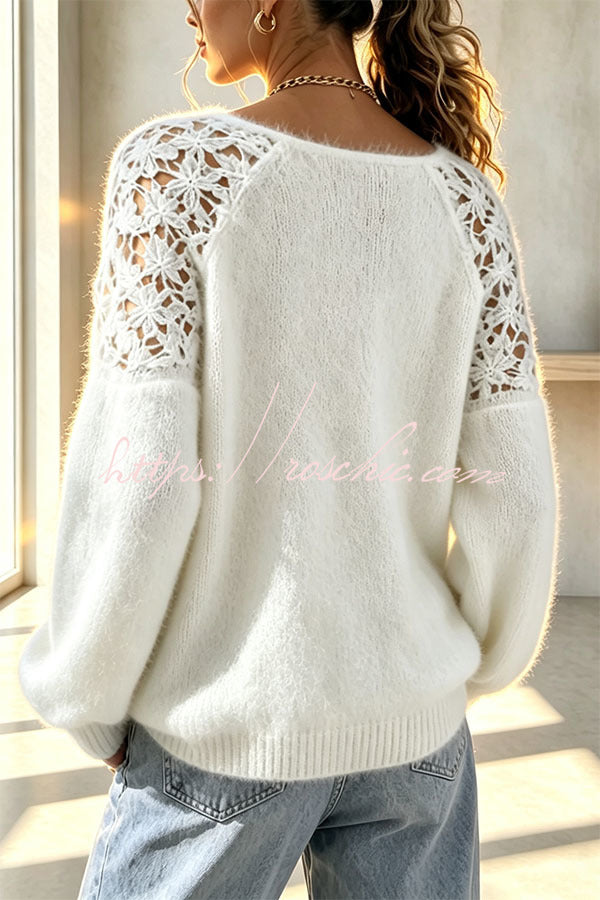 Faux Mink Knit Crochet Flowers Shoulder Wide Neck Long Sleeve Loose Sweater, view 7 - Elena Harper