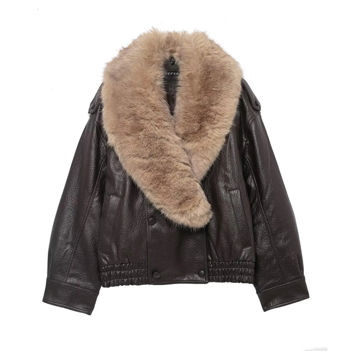 Women's Faux Leather Jacket with Wide Fur Collar - Nymera