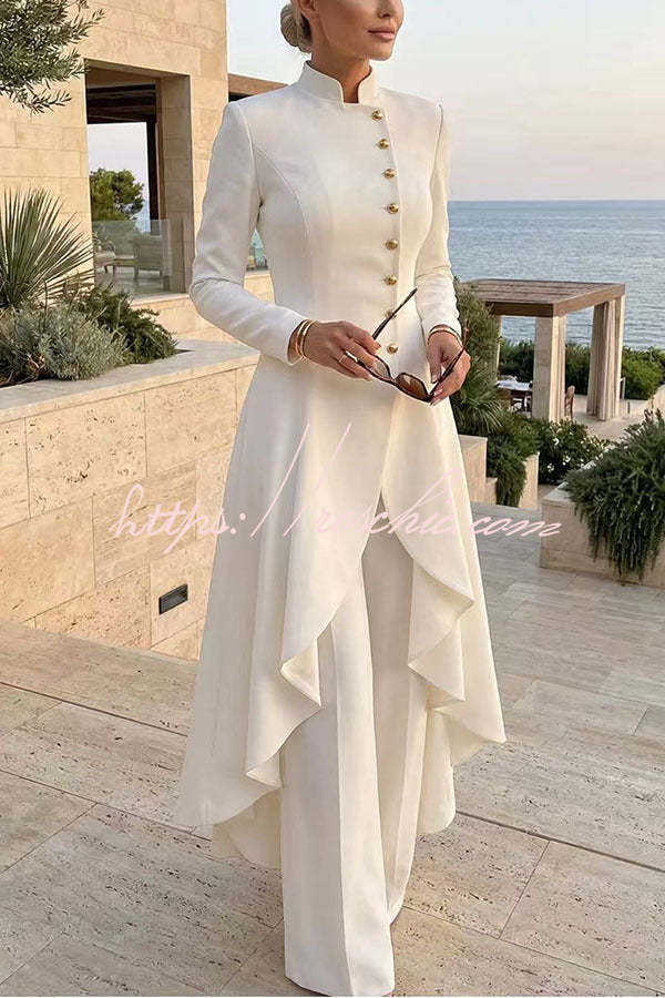 Jemma Stand Neck Long Sleeve Button High Low Hem Top and Wide Leg Pants Set (Shipped Within 24 Hours)