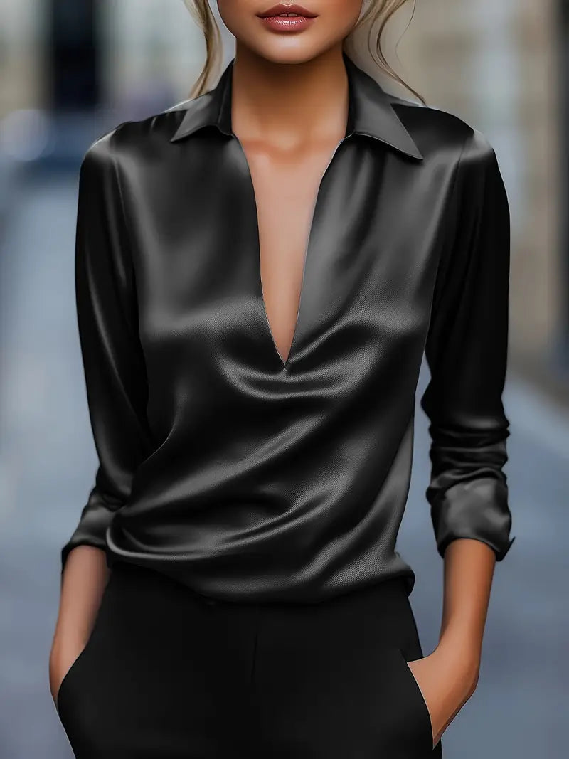 Women's Elegant Collared V-Neck Blouse - Long Sleeve