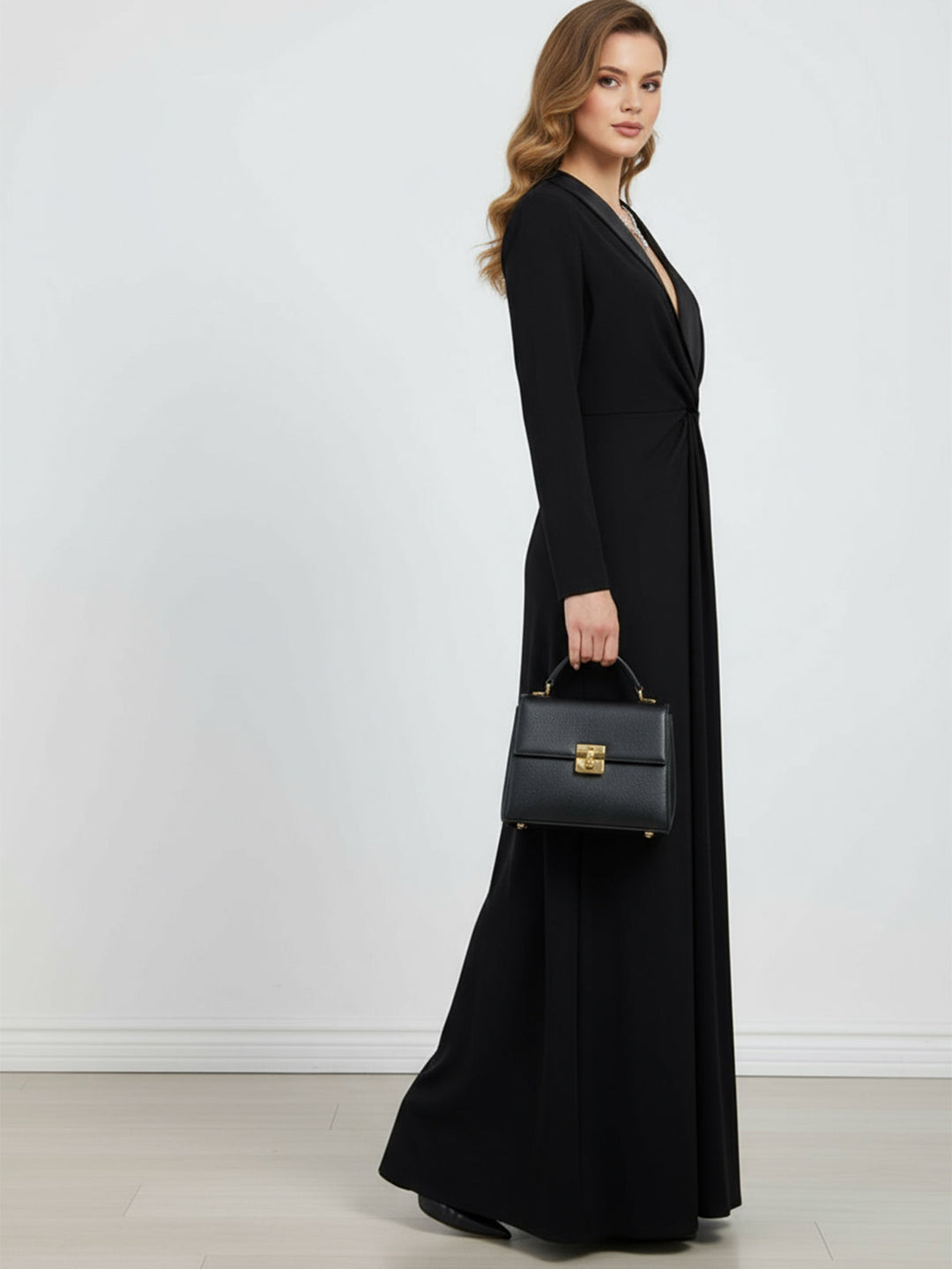 Kara - Long Sleeve Skinny Solid Color Deep V-Neck Maxi Dress