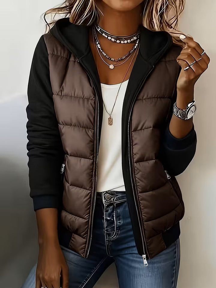 Women's Quilted Jacket with Hood and Contrast Sleeves