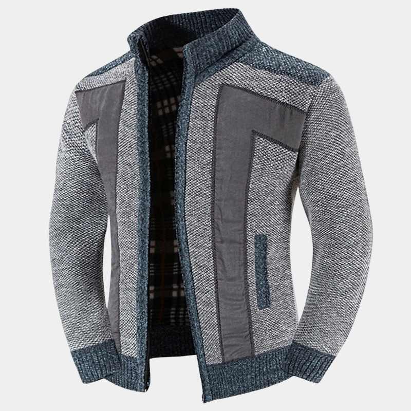 Men's Structured Knit Cardigan with High Zip Collar - Elena Harper