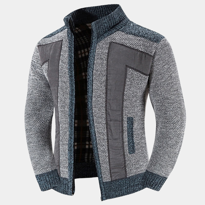 Men's Structured Knit Cardigan with High Zip Collar - Elena Harper