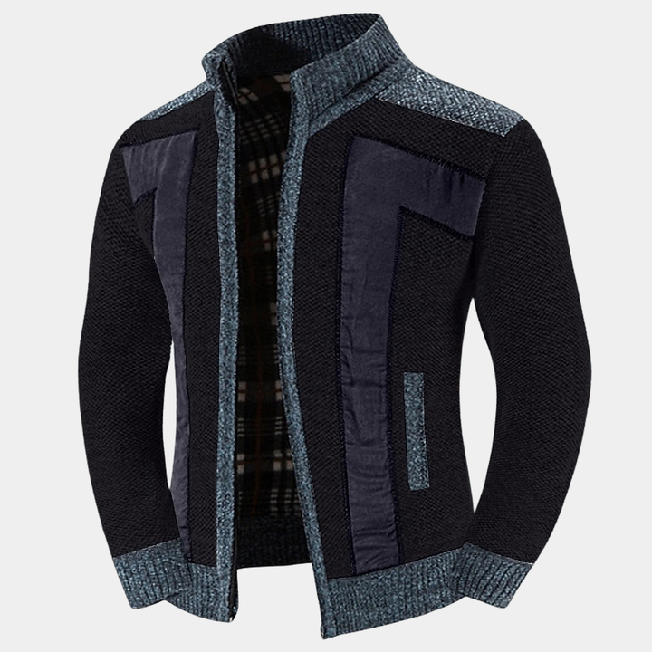 Men's Structured Knit Cardigan with High Zip Collar - Elena Harper
