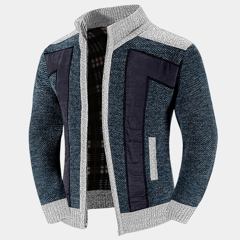Men's Structured Knit Cardigan with High Zip Collar - Elena Harper