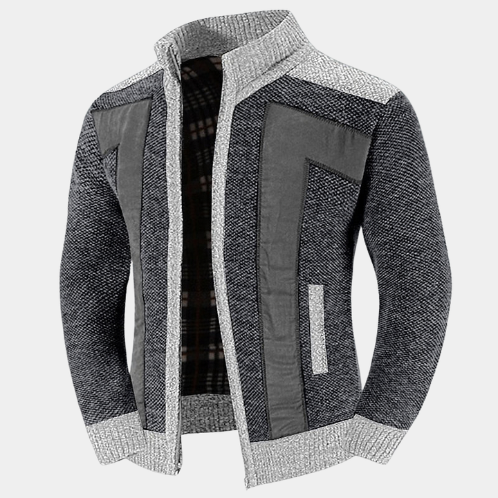 Men's Structured Knit Cardigan with High Zip Collar - Elena Harper