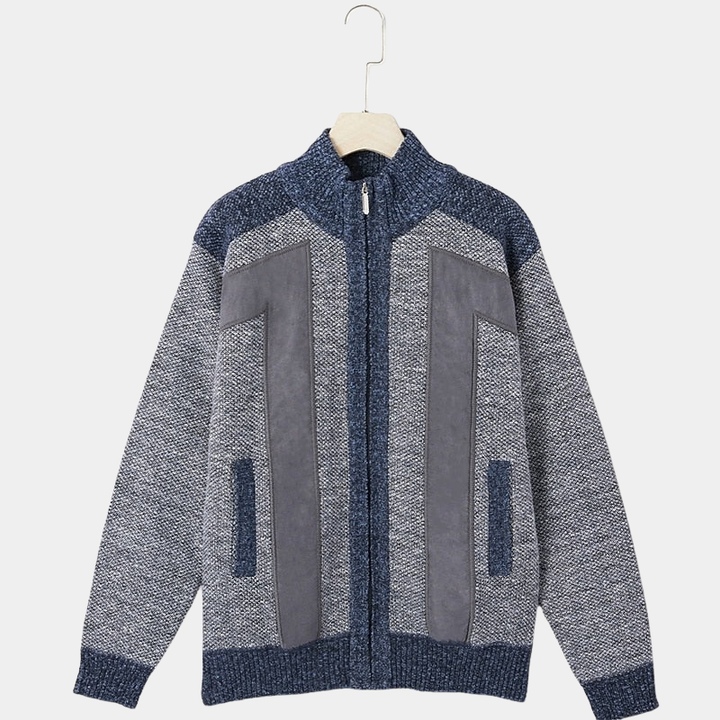 Men's Structured Knit Cardigan with High Zip Collar - Elena Harper