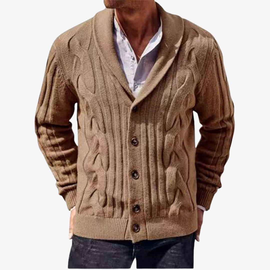 Men's Cable Knit Shawl Collar Cardigan - Elena Harper