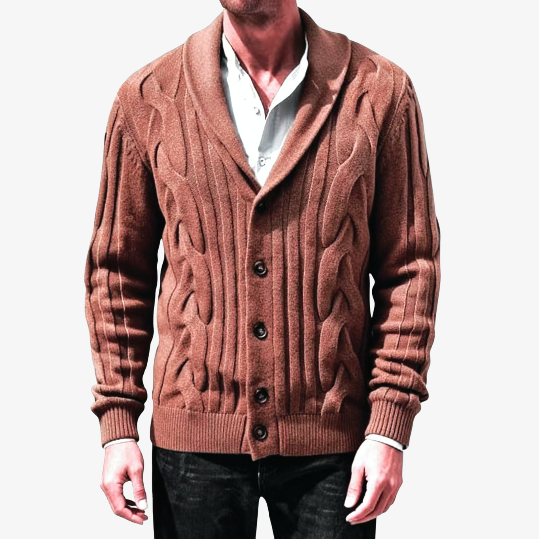 Men's Cable Knit Shawl Collar Cardigan - Elena Harper