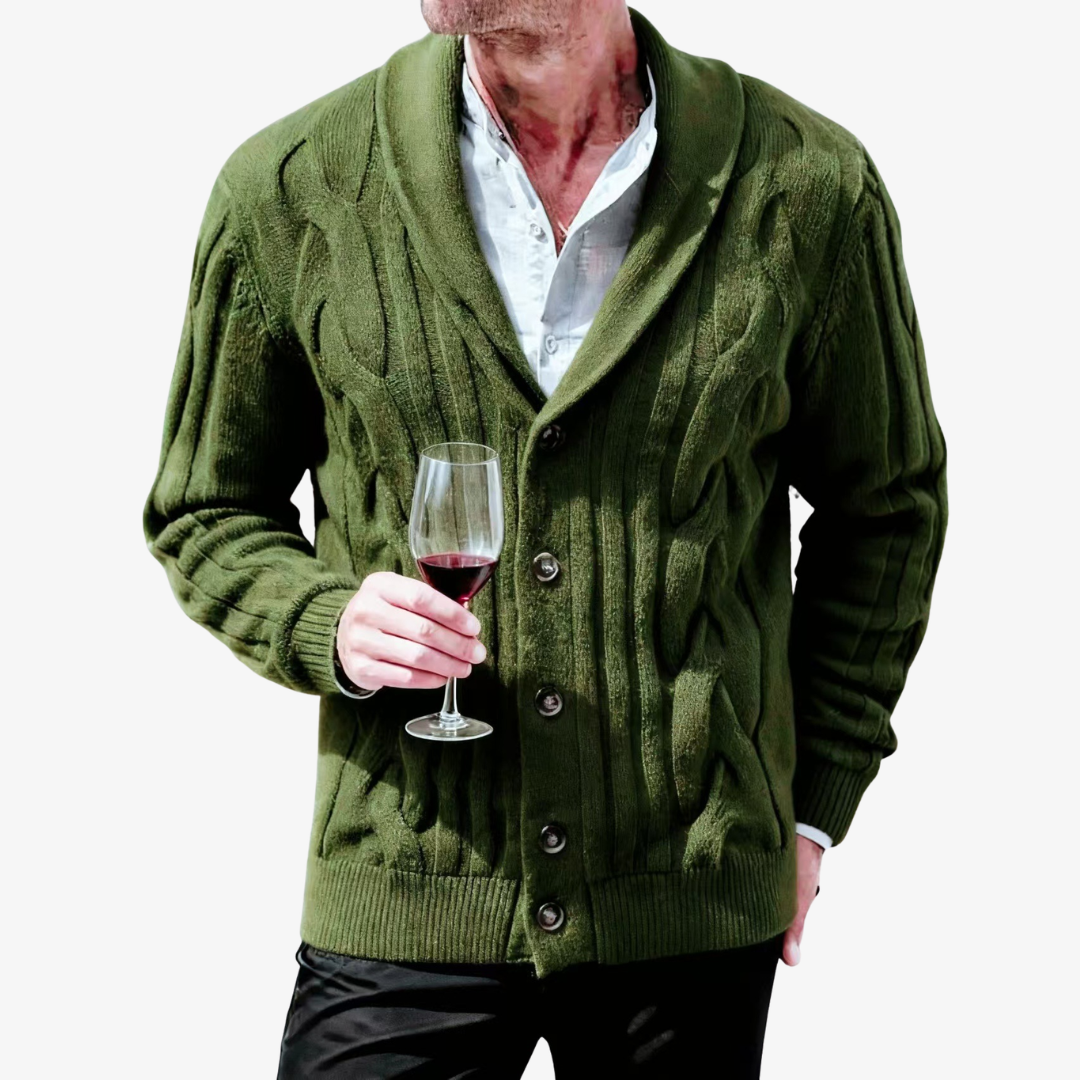 Men's Cable Knit Shawl Collar Cardigan - Elena Harper