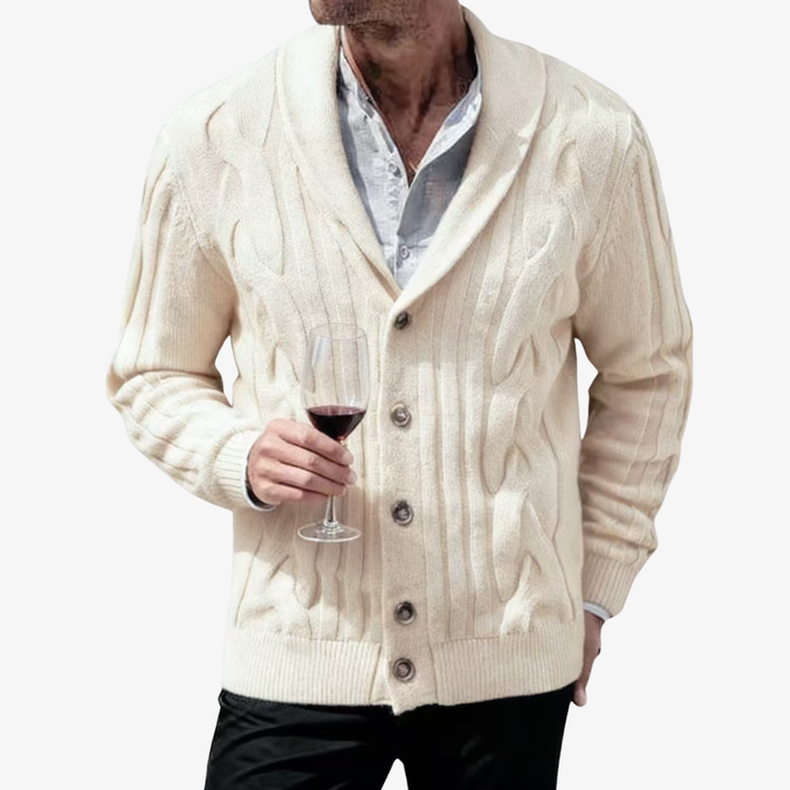 Men's Cable Knit Shawl Collar Cardigan - Elena Harper
