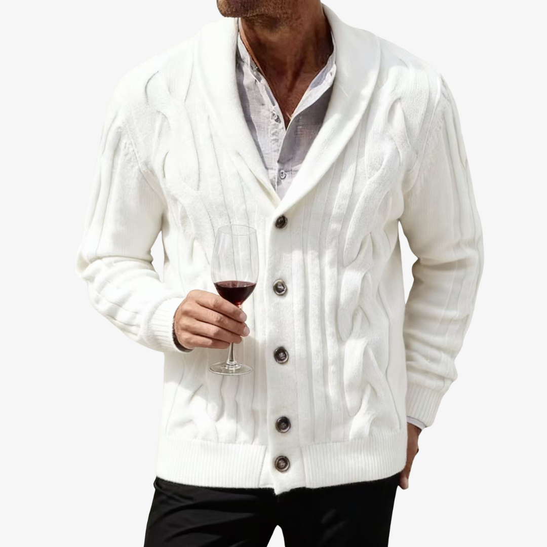 Men's Cable Knit Shawl Collar Cardigan - Elena Harper