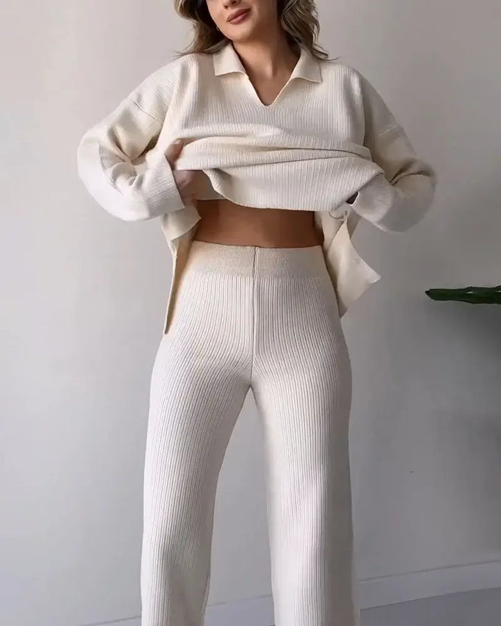 Casual V-Neck Split Knit Two-Piece Set
