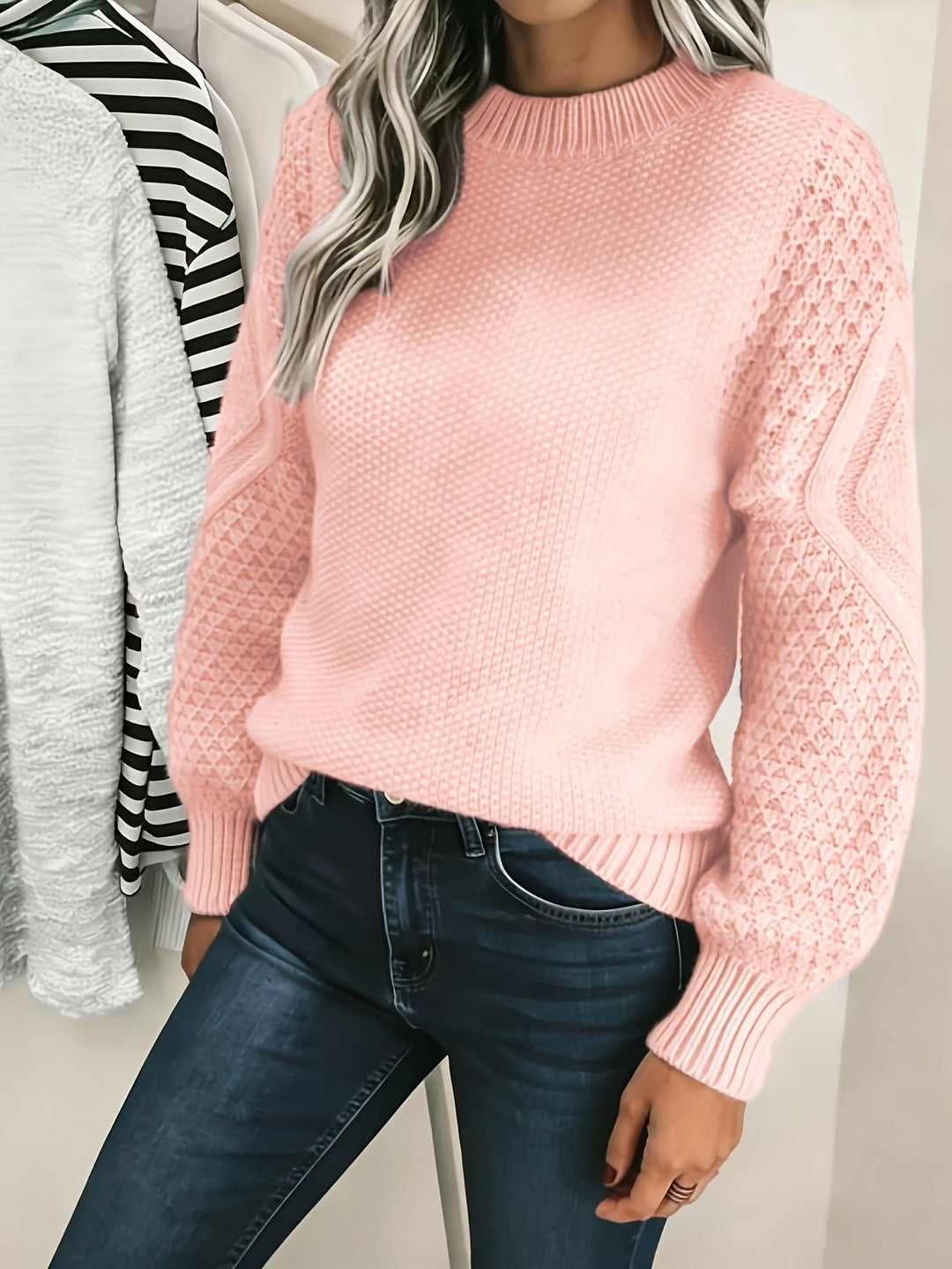 Juliane | Elegant Knit Sweater with Cable Pattern and Balloon Sleeves