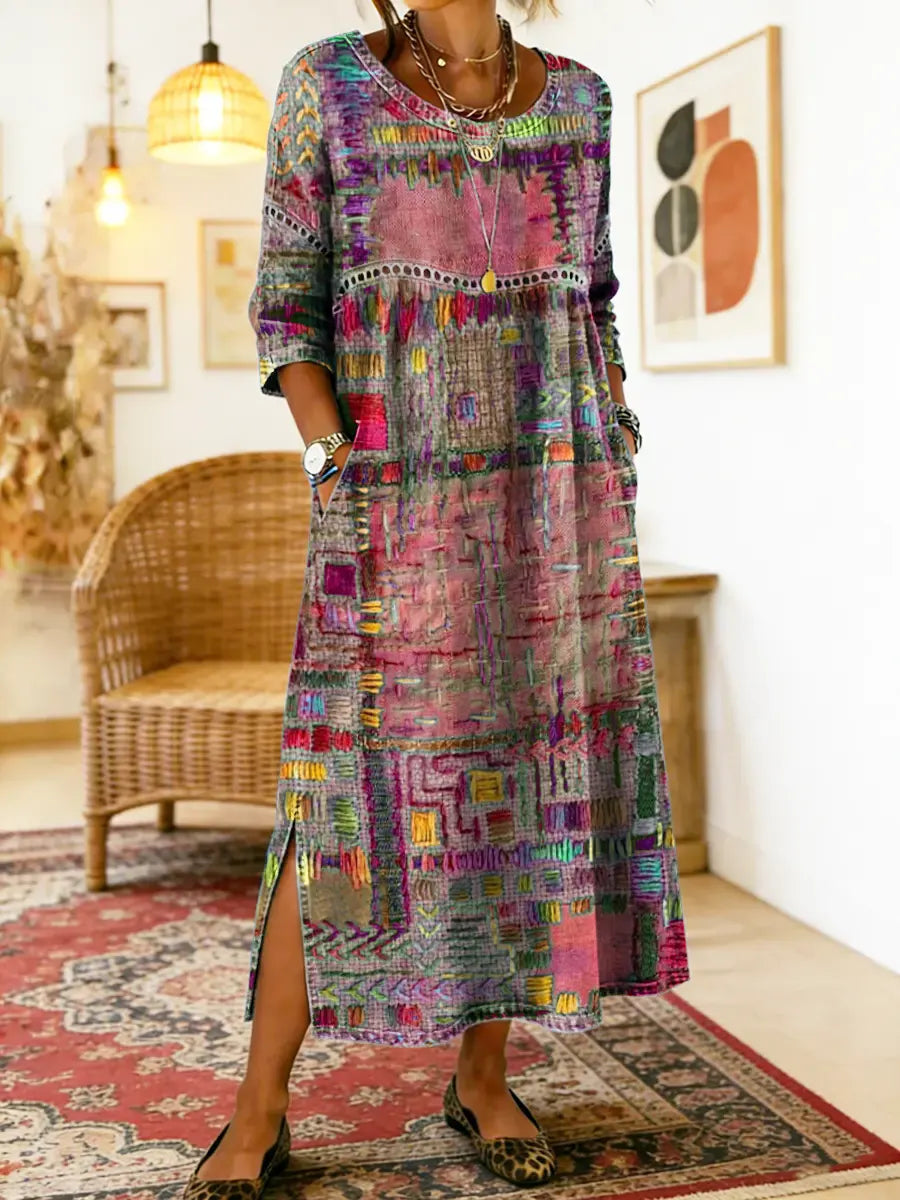 Manuela | Boho Printed Denim Dress with Ethnic Patchwork