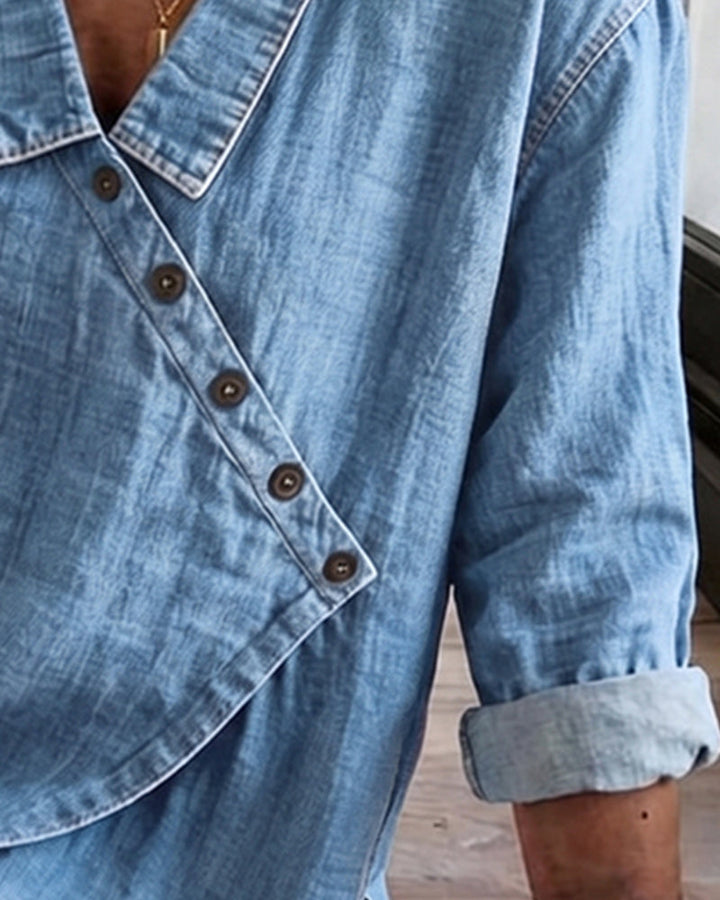 Loose Women's Blouse with Diagonal Buttons in Denim Style