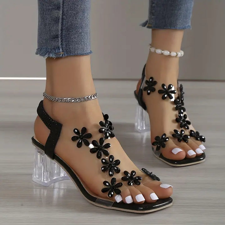 Graciela High Heeled Sandals with Floral Crystals, view 5 - Elena Harper