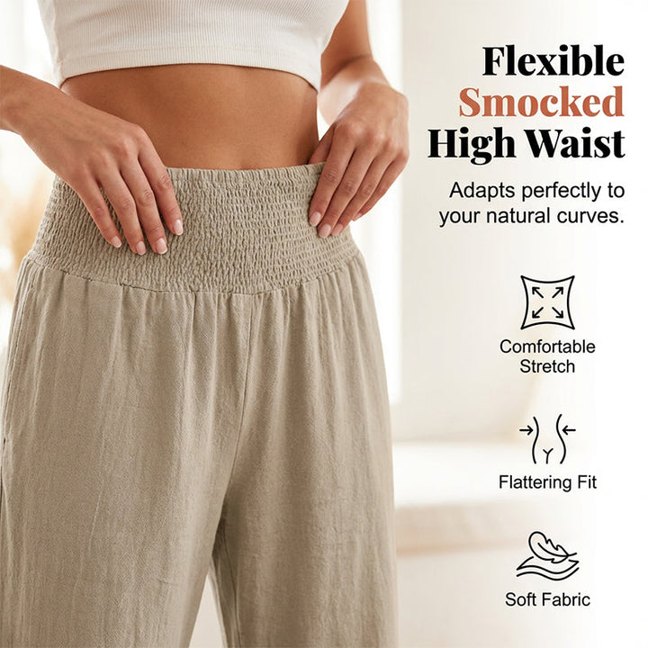 Wide Leg Women's Smocked Waist Cotton Linen Ruffled Bottom Boho Pants