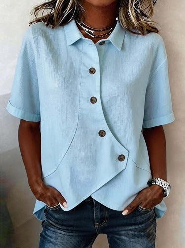 Women's Solid Color Shirt with Asymmetrical Buttoning and Short Sleeves