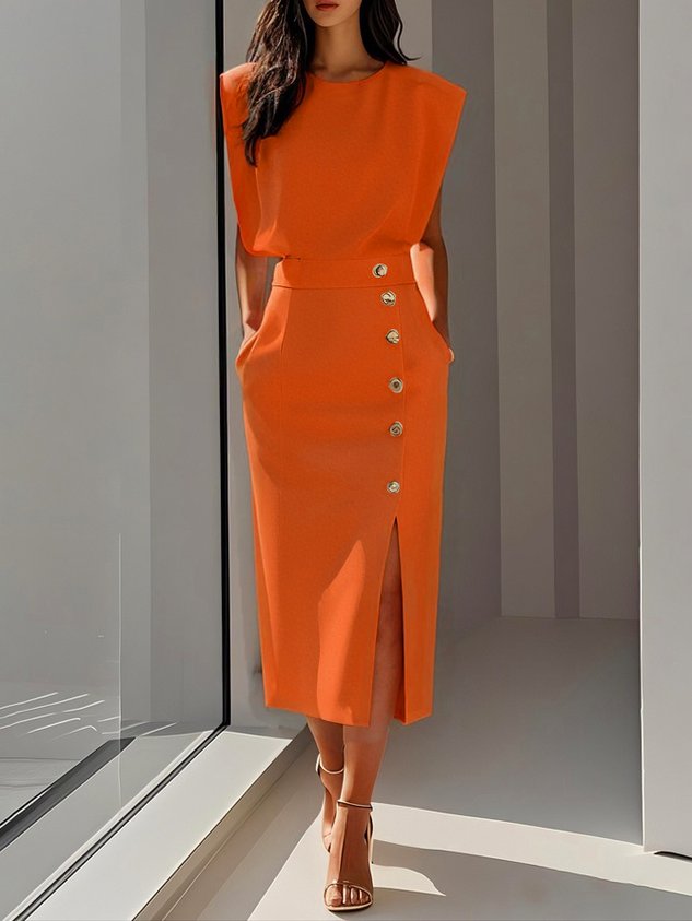 Emma | Ladies Button Detail Sleeveless Midi Dress