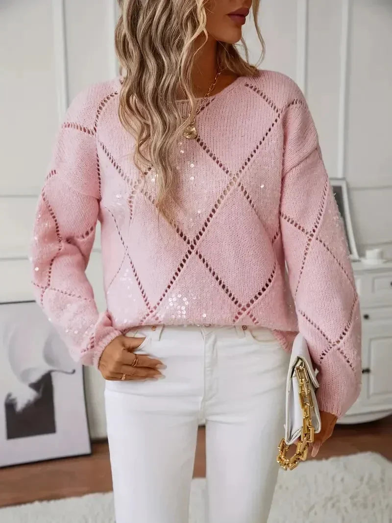 Constance Pointelle Knit Sweater with Sequin Detailing for Women - Elena Harper