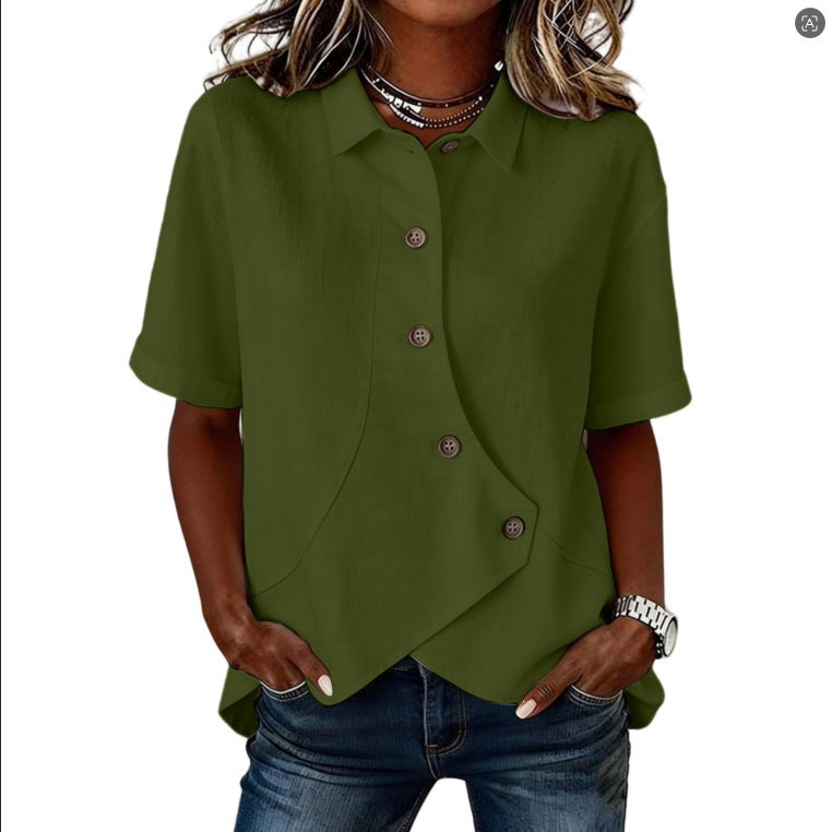 Women's Solid Color Shirt with Asymmetrical Buttoning and Short Sleeves