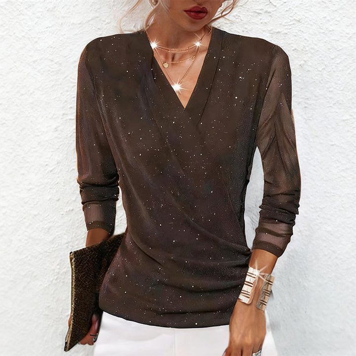 Ladies Glitter Top with V-Neck and Long Sleeves