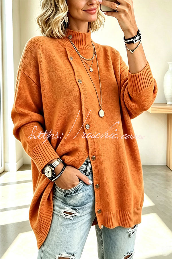 Warm Season Knit Turtleneck Button-down Long Sleeve Loose Sweater