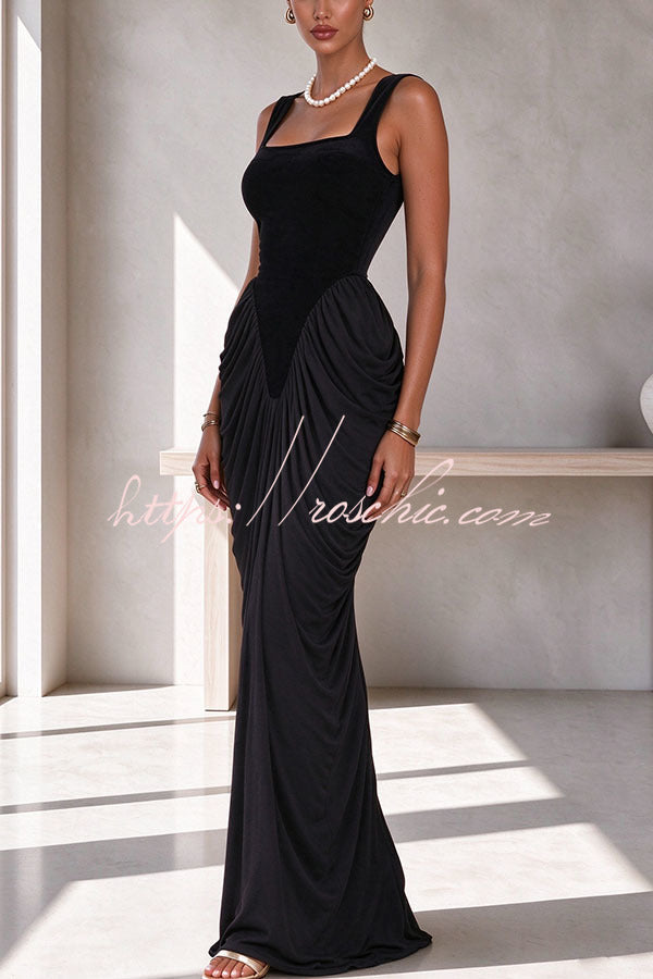 Eira Velvet Square Neck Ruched Drape Hem Maxi Dress