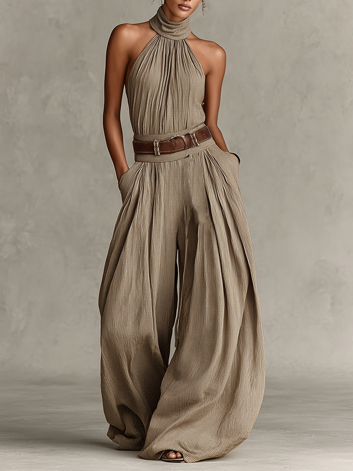 Women's Taupe Mixed Cotton Jumpsuit with American Collar and Wide Leg Silhouette, Timeless Boho-Elegant Style (Without Belt)