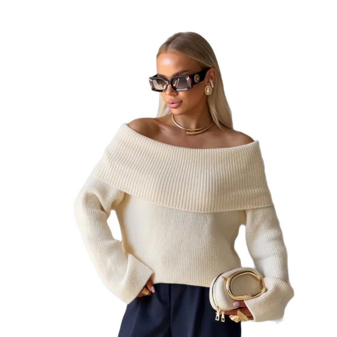 Women's Sweater with Lapel Collar and Bare Shoulders - Chic and Comfortable