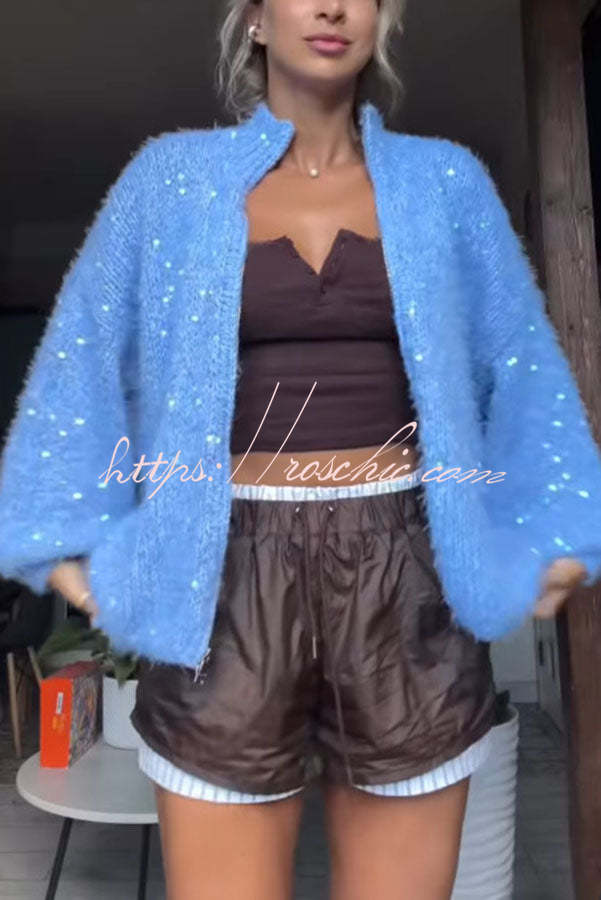 Relaxed Sequin Mohair-blend Knit High Neck Zipper Balloon Sleeve Cardigan, view 4 - Elena Harper