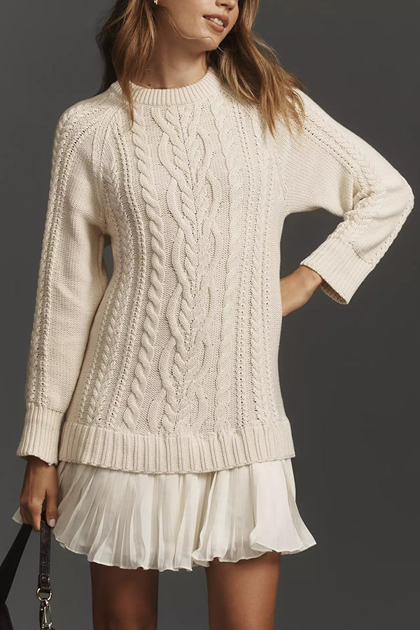 Delphine Knit Cable Textured Long Sleeve Pleated Chiffon Hem Sweater Mini Dress