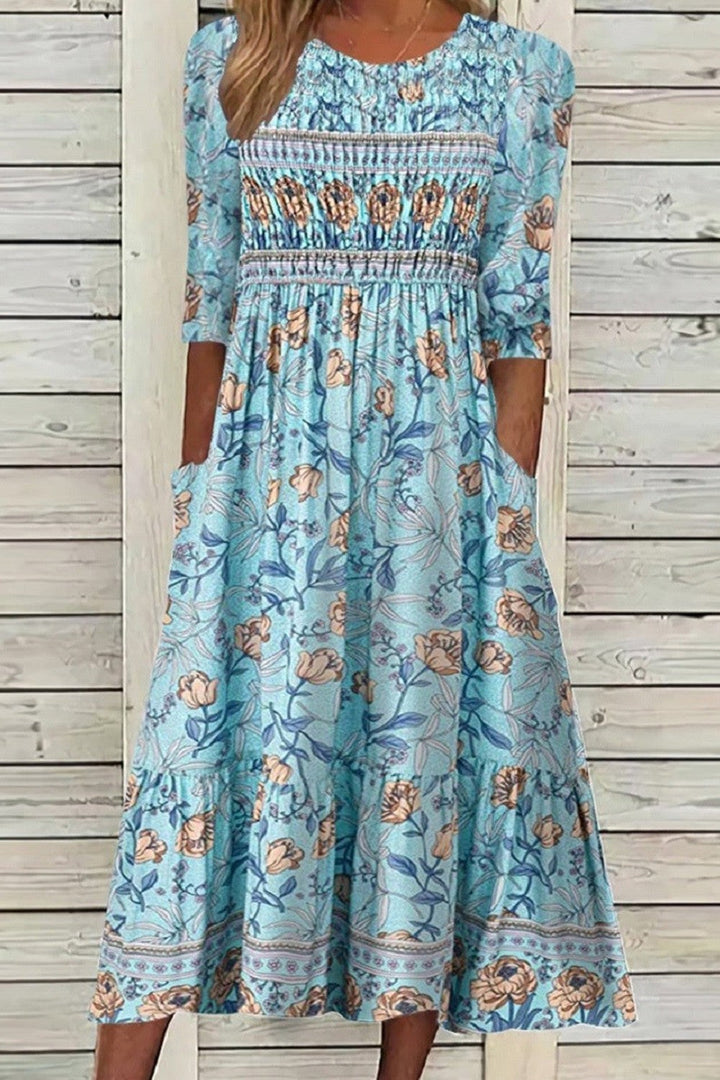 Darcie Flowing Dress with Petals and Elegant Tummy Coverage - Elena Harper