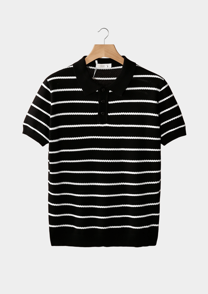 Hannes™ striped textured button polo shirt by Emma & Rose Manhattan, featuring a classic collar and colorful striped pattern.