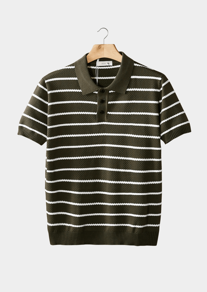 Hannes™ striped textured button polo shirt in blue and white, featuring a collar and button placket from Emma & Rose Manhattan