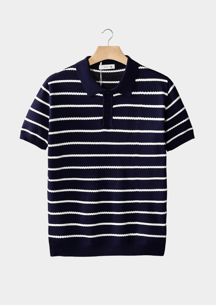 Hannes™ striped textured button polo shirt by Emma & Rose Manhattan, featuring a classic collar and vibrant stripe pattern.