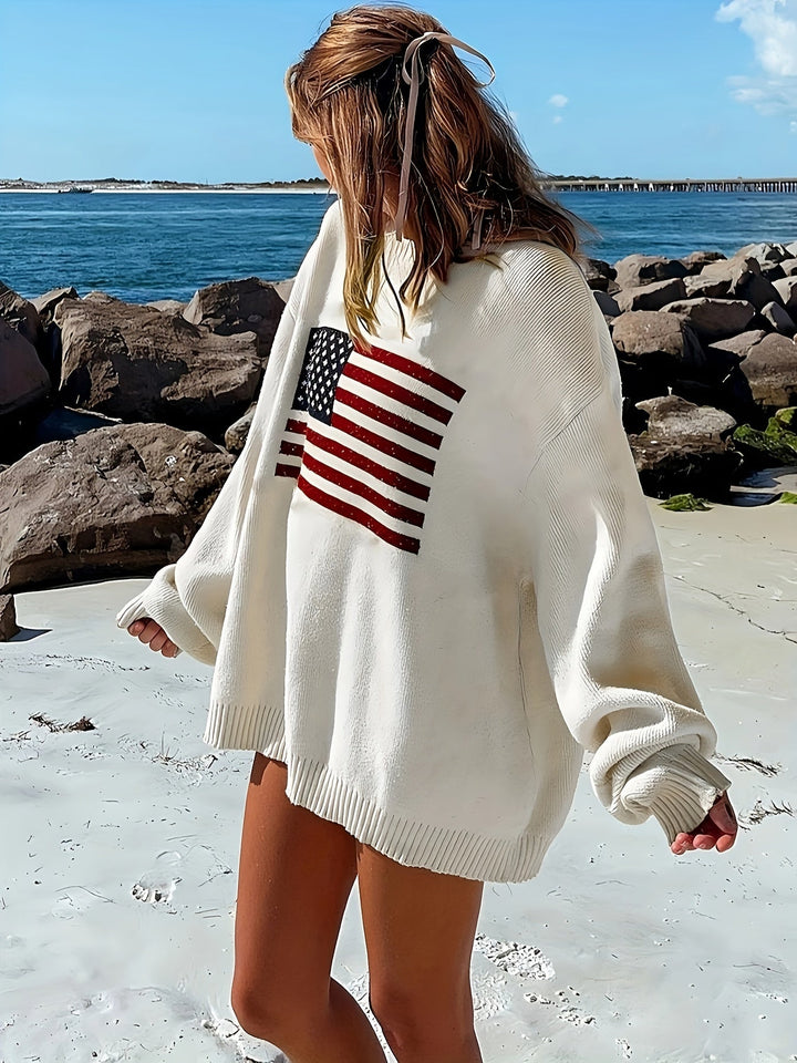 Pullover Women's Sweater American Flag Pattern Casual Round Neck Long Sleeves Warm Soft - Elena Harper