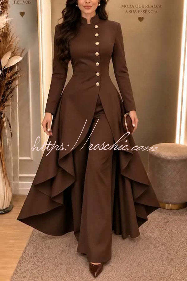 Jemma Stand Neck Long Sleeve Button High Low Hem Top and Wide Leg Pants Set (Shipped Within 24 Hours)
