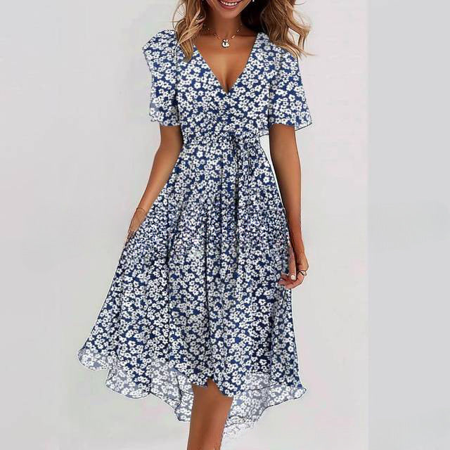 Women's Midi Floral Wrap Dress – A-Line Style with Short Sleeves