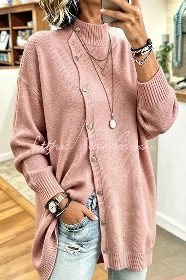 Warm Season Knit Turtleneck Button-down Long Sleeve Loose Sweater